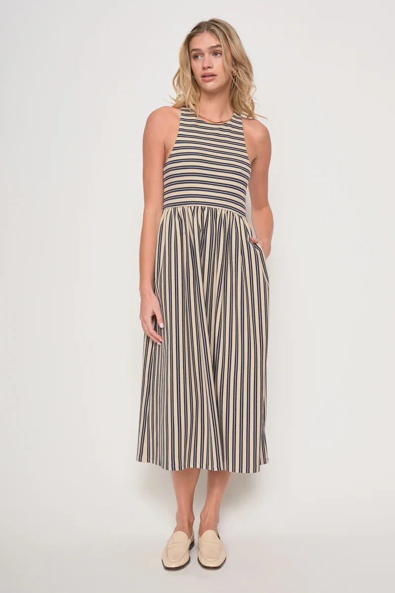 Renzo Muscle Tank Stripe Midi Dress with sleeveless design, high neckline, and pockets