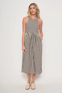 Renzo Muscle Tank Stripe Midi Dress with sleeveless design, high neckline, and pockets