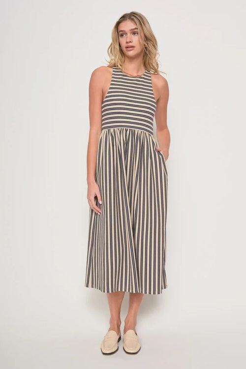 Renzo Muscle Tank Stripe Midi Dress with sleeveless design, high neckline, and pockets
