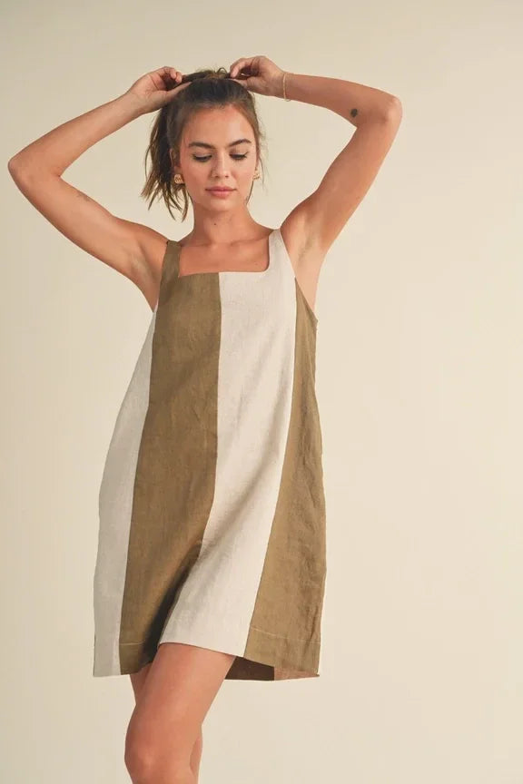 Sleeveless Color Block Linen Mini Dress featuring a sleek straight silhouette