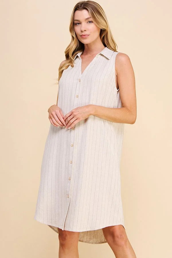 Sleeveless white button-up pinstripe shirt dress with collar for a stylish look