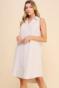 Sleeveless white button-up pinstripe shirt dress with collar for a stylish look