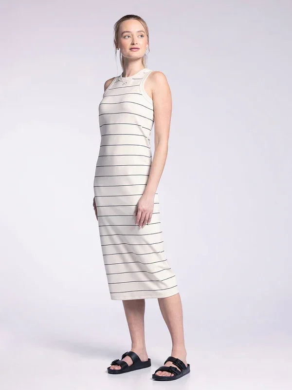 Sleeveless white midi dress with black stripes, featuring a muscle tank fitted style