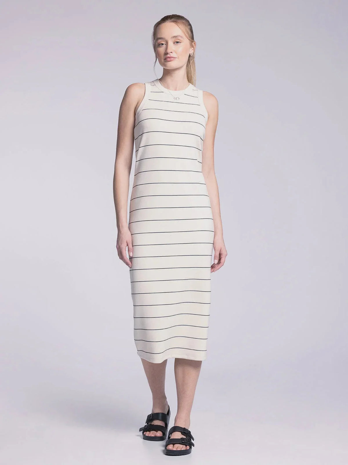 Sleeveless white midi dress with thin stripes from the Muscle Tank Fitted collection