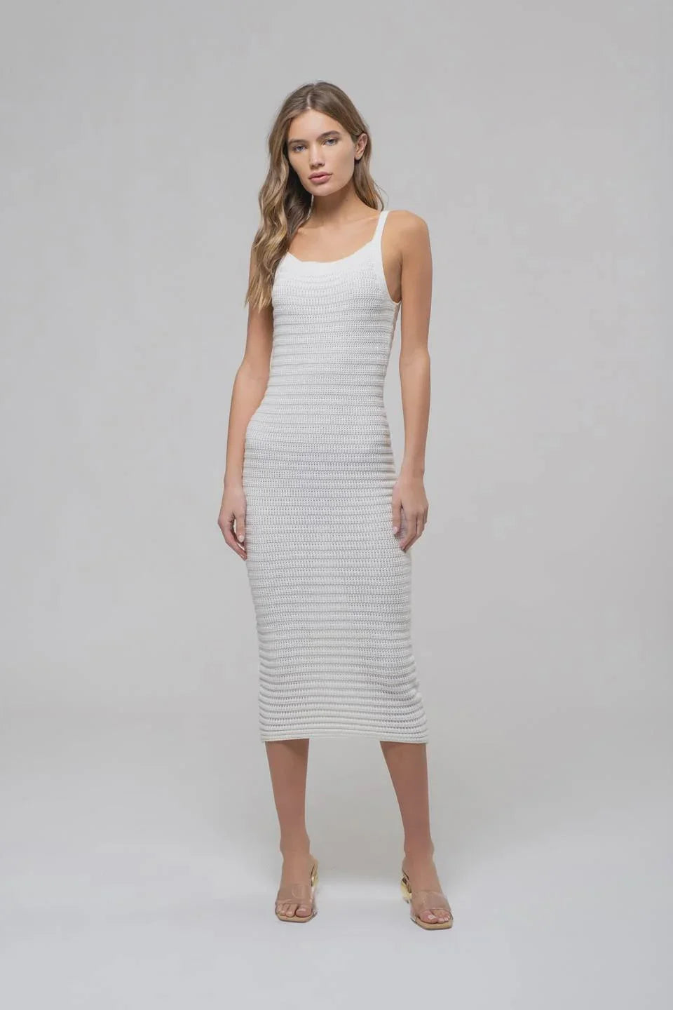 Sleeveless white ribbed cami midi dress featuring a square neckline and bodycon fit