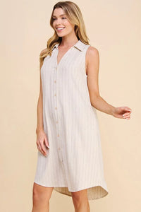 Sleeveless white Linan blend pinstripe shirt dress with collar and front buttons