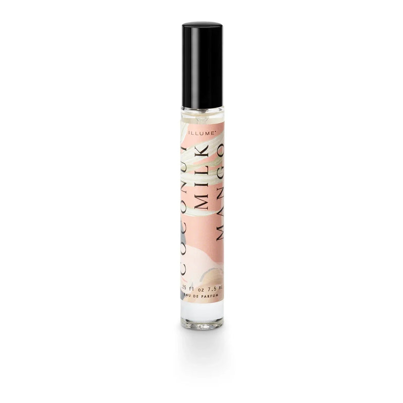 Slender glass rollerball perfume bottle with black cap and coconut milk mango label