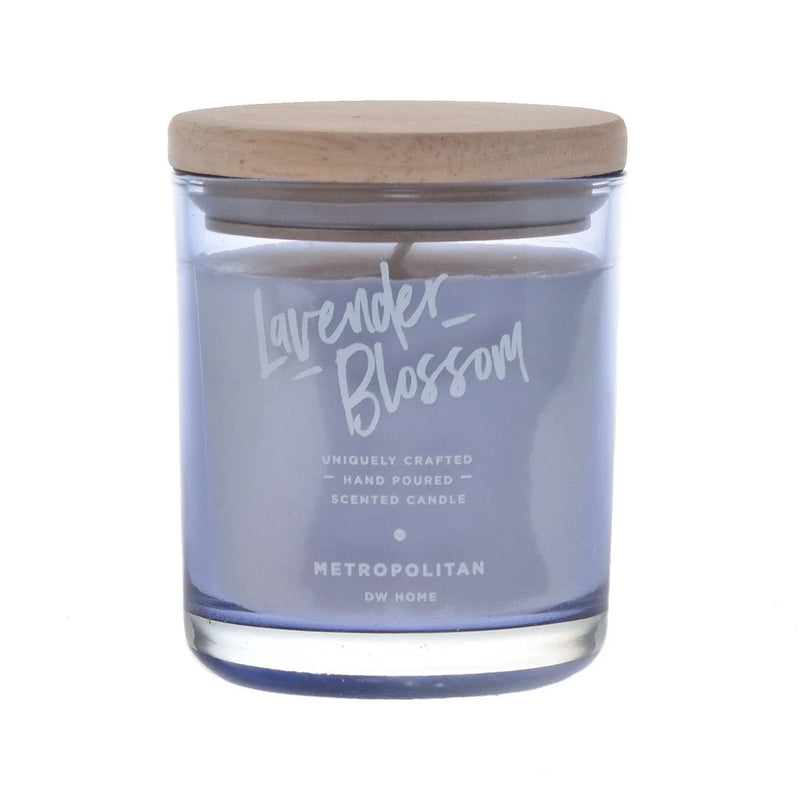 Small glass jar with wooden lid and label for Lavender Blossom Candle