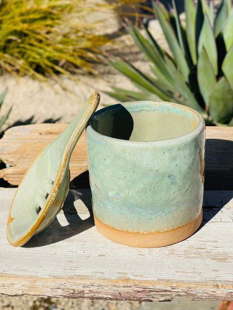 Small green pot with wooden lid for Tea Mug, Cup & Saucer set