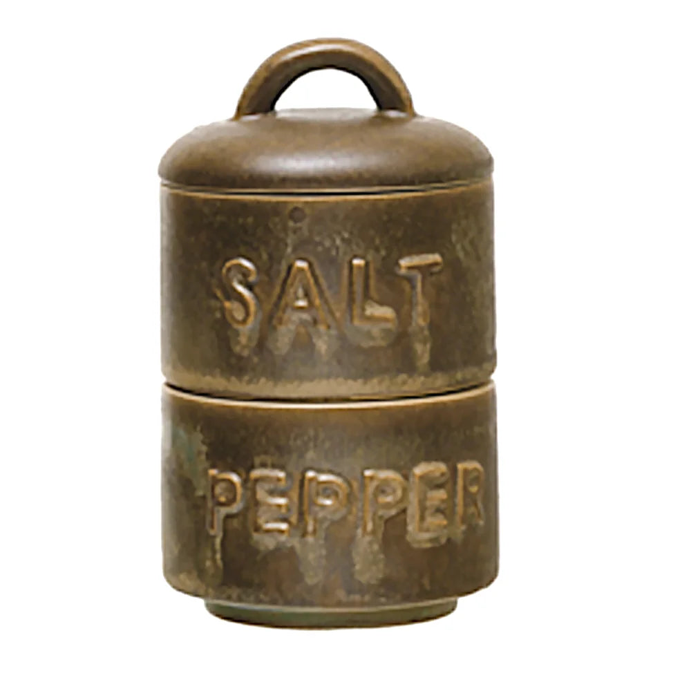 Small metal container with handle on STACKABLE STONEWARE SALT & PEPPER SHAKER