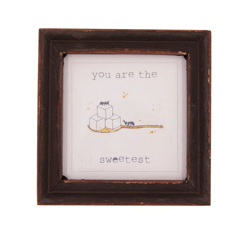 Small wooden frame showcasing a cat and a bird in the Sweetest Wood Framed Decor