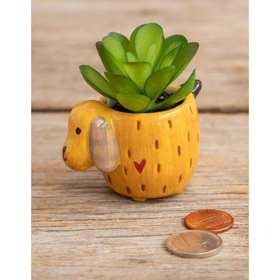 Small planter featuring a pot atop a Dog Faux Critter Succulent for decorative appeal