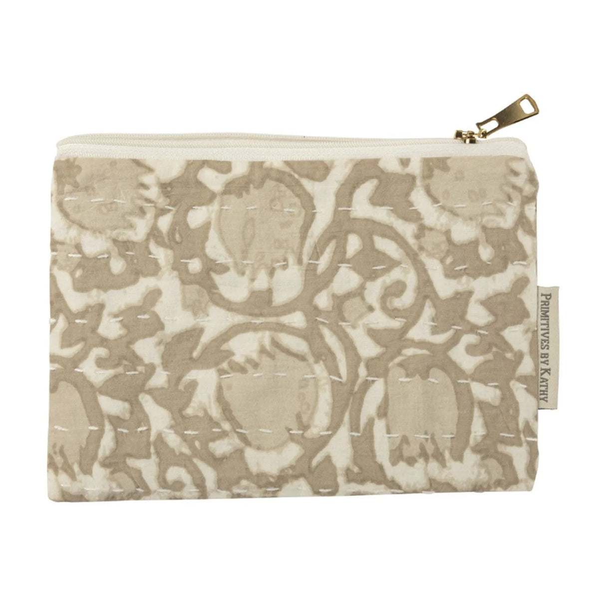 Beige and white patterned Floral Cream Zipper Pouch displayed elegantly