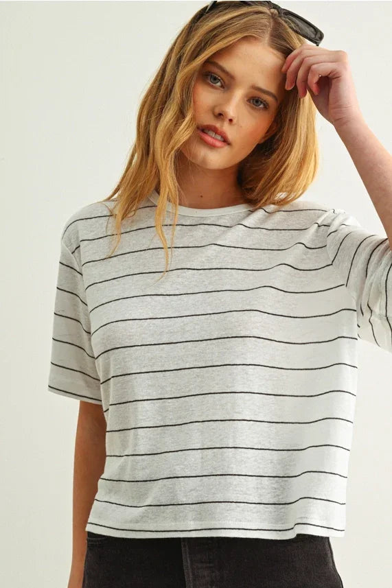 Soft heathered gray Stripe Cotton Linen crop top with black stripes