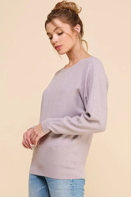 Soft lavender chevron pattern fine gauge dolman pullover sweater with long sleeves