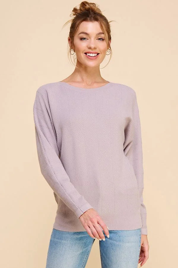 Soft lavender crewneck sweater with chevron pattern fine gauge and long sleeves