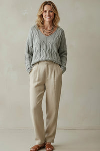 Soft light gray V-neck cable pullover sweater with relaxed fit