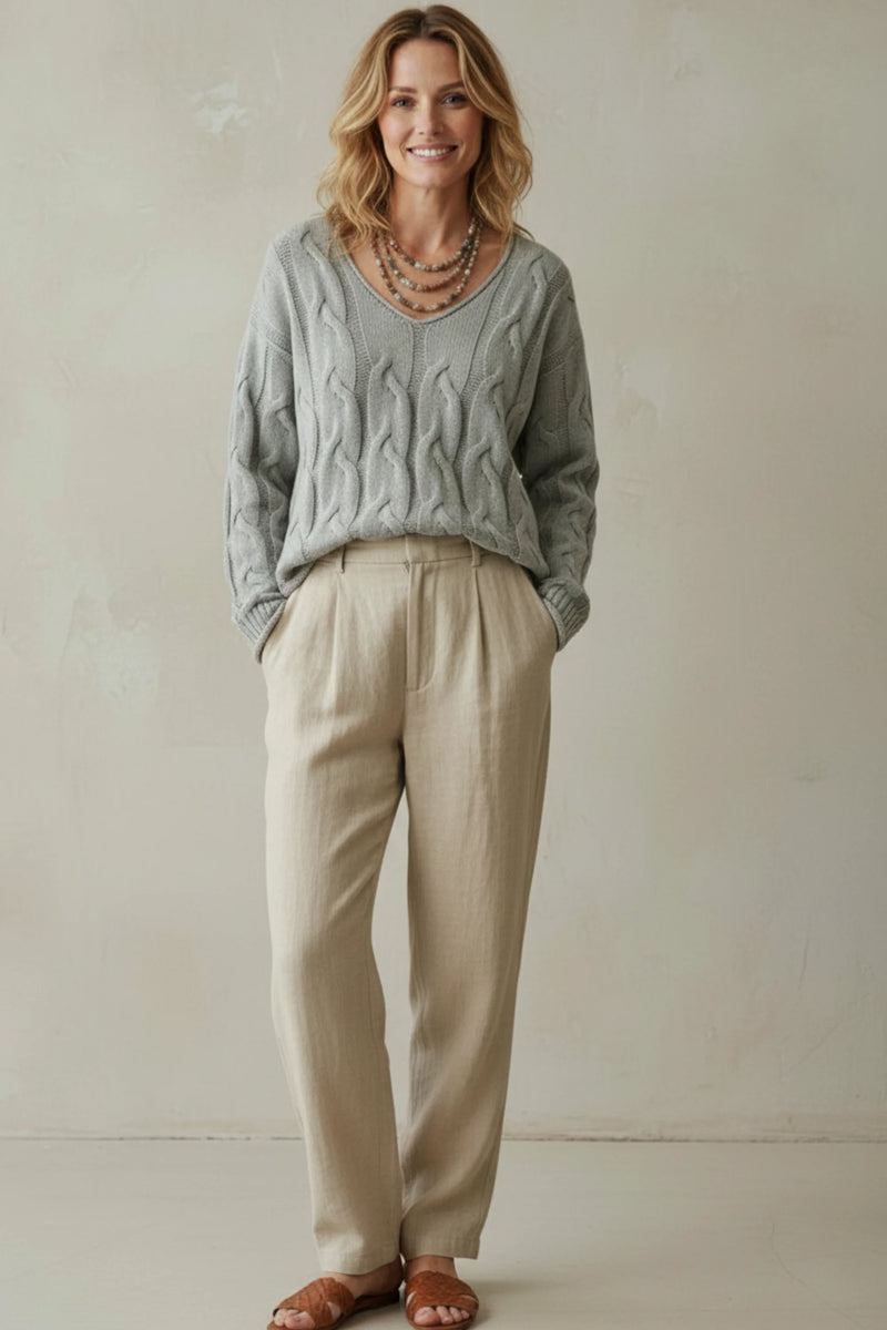 Soft light gray V-neck cable pullover sweater with relaxed fit