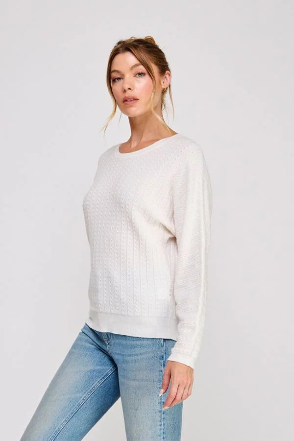 Textured pointelle soft gauge dolman sweater in off-white knit