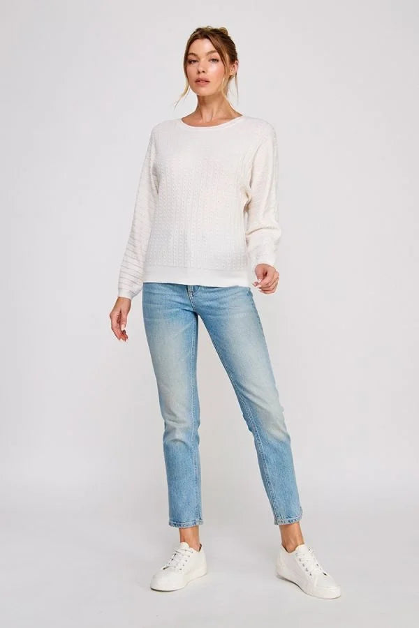 Textured pointelle soft gauge dolman sweater in off-white knit