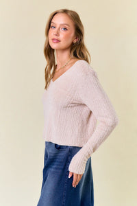 Soft white v-neck sweater in fuzzy knit perfect for women’s boho chic clothing from Shop Daisy