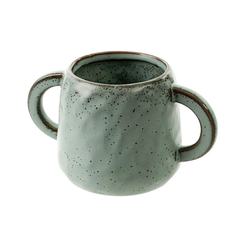 Speckled green ceramic Niko Eared Pot with two handles for stylish serving