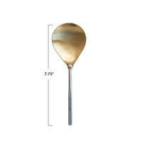 Brass serving spoon with a measuring ruler and hammered aluminum handle for precise servings