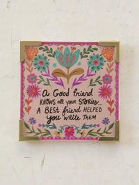 Square decorative magnet with floral design and friendship quote for women’s boho chic clothing