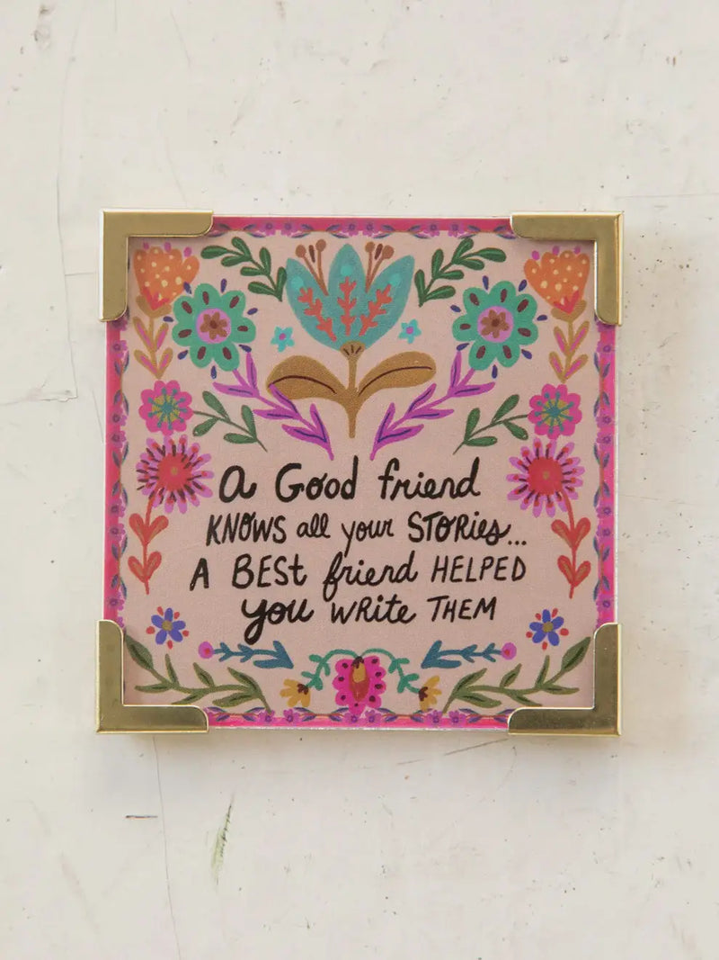 Square decorative magnet with floral design and friendship quote for women’s boho chic clothing