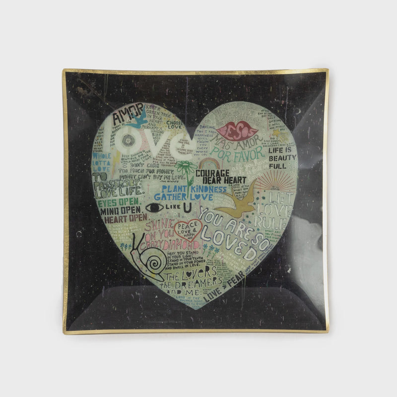 Square decoupage plate with love large square heart motif filled with words and illustrations