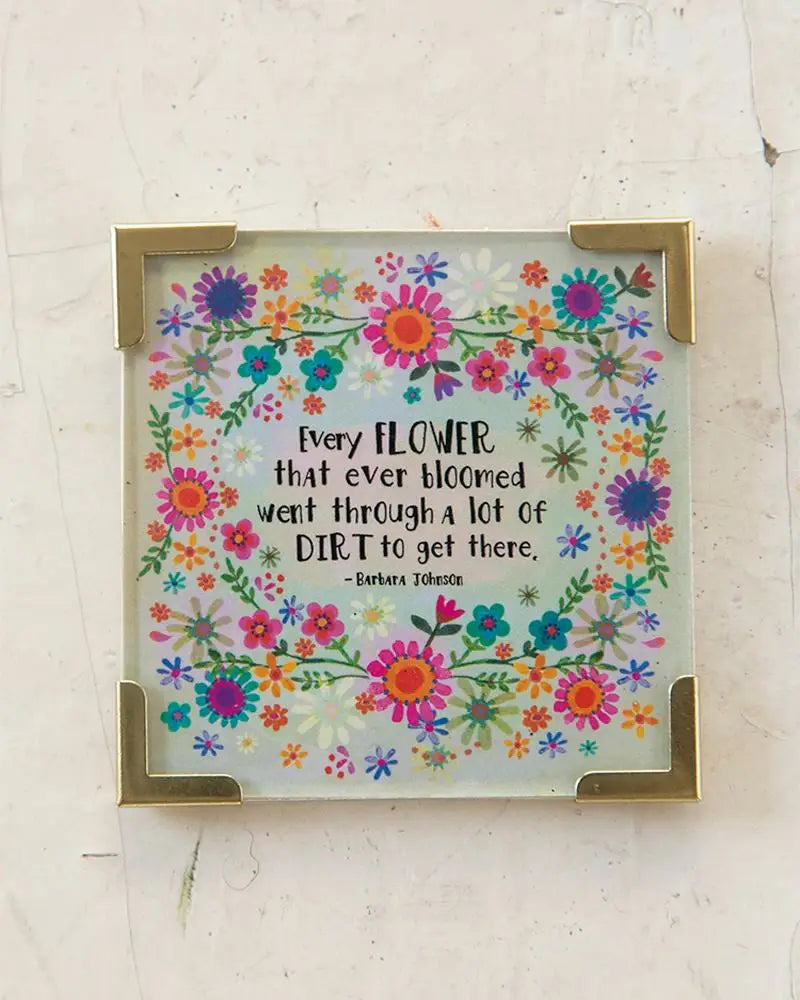 Square glass plaque magnet with floral border for women’s boho chic clothing at Shop Daisy