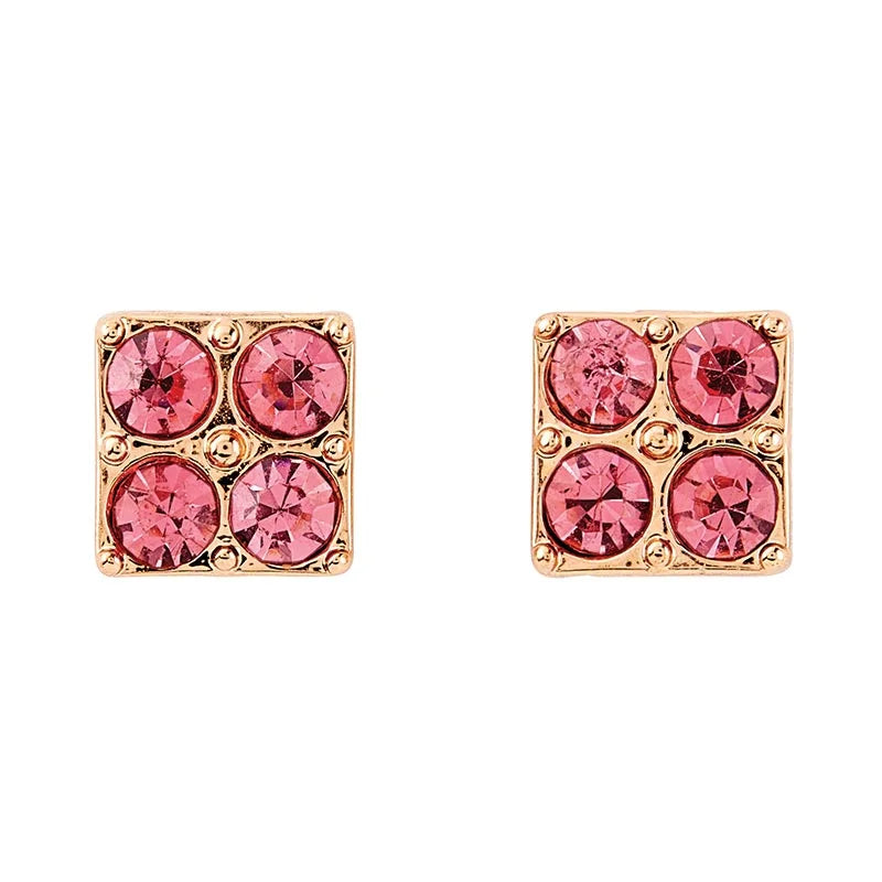 Square gold-toned box earrings with four pink gemstones from TREASURE BOX EARRINGS - LOVE