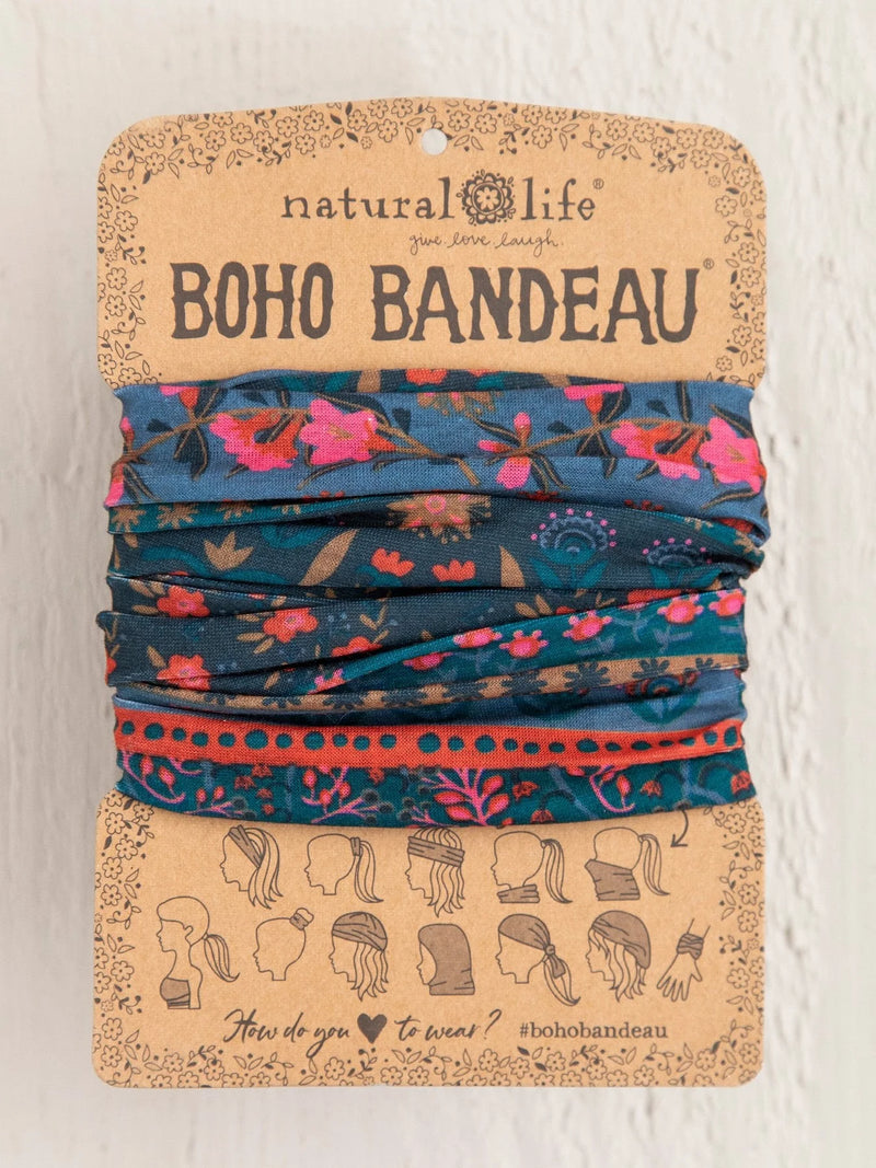 Stack of blue and pink hair ties with tag for Floral Boho Bandeau headwrap head tie