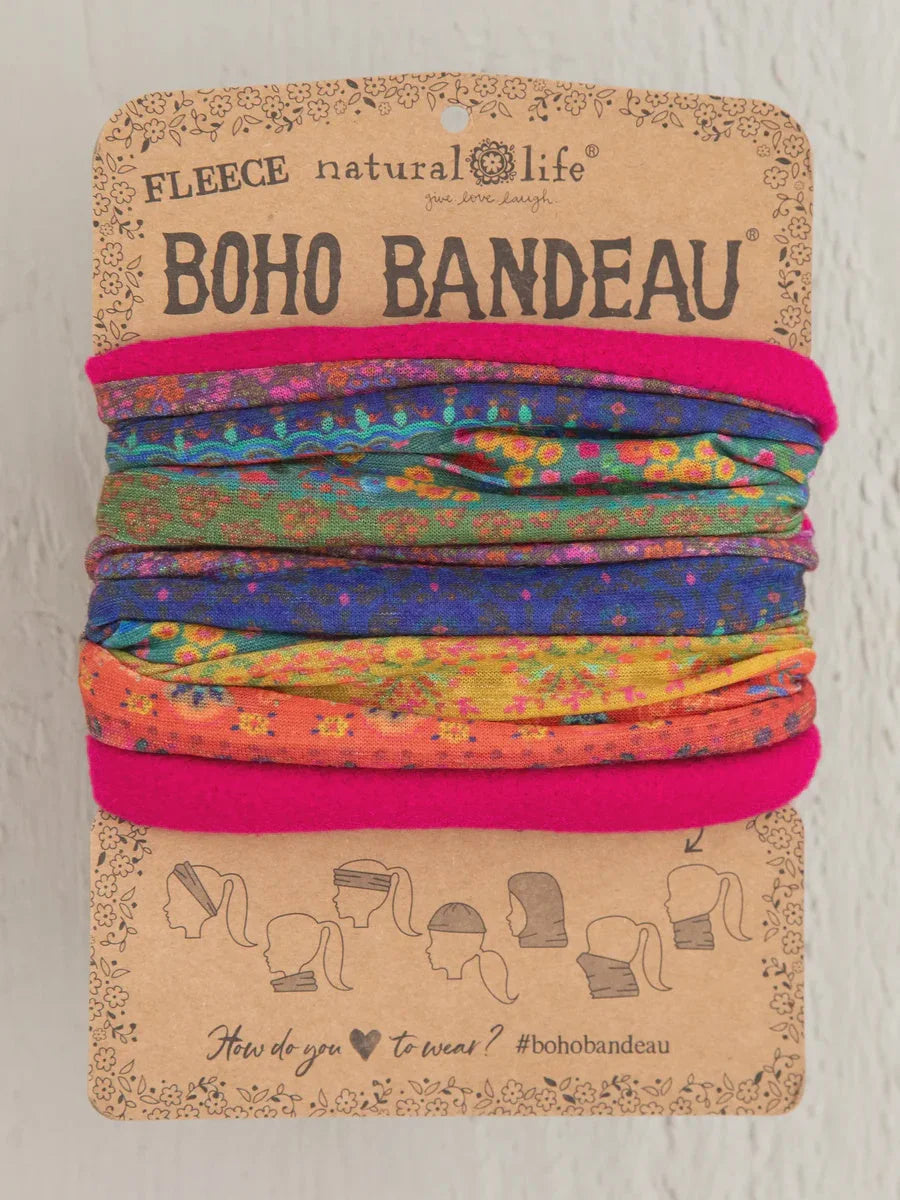 Colorful hair ties stacked with tag for FLEECE BOHO BANDEAU HEADBAND - RAINBOW BORDER