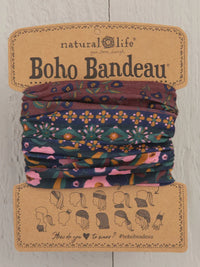 Stack of three Boho Bandeau headbands with a wine floral border design