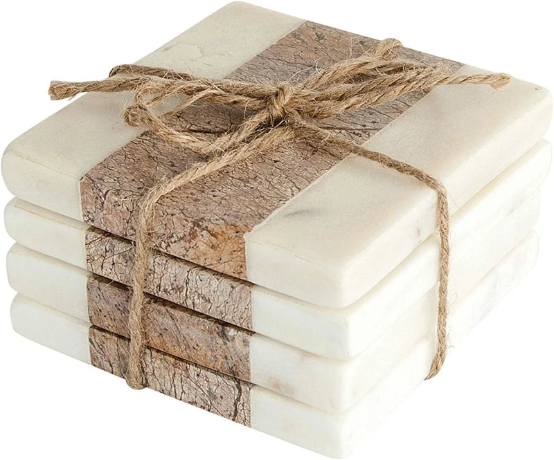 Stack of Square Marble Coasters tied with Jute String and natural bark accents