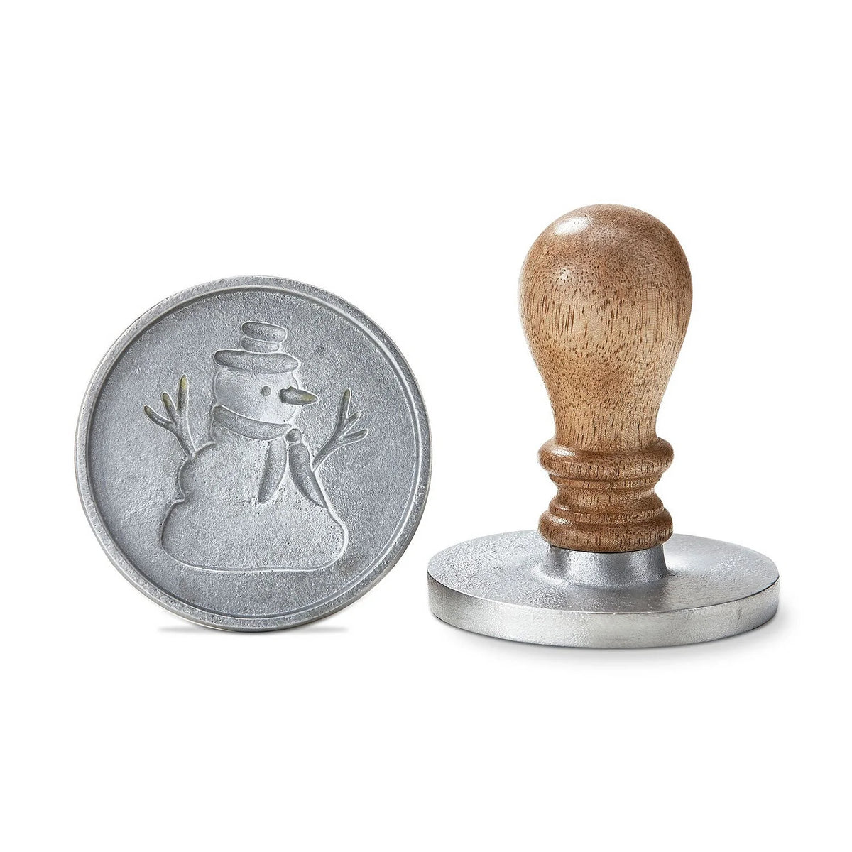 Snowman cookie stamp with wooden handle and metal base for festive baking