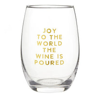 Stemless wine glass with gold lettering, perfect for festive holiday entertaining