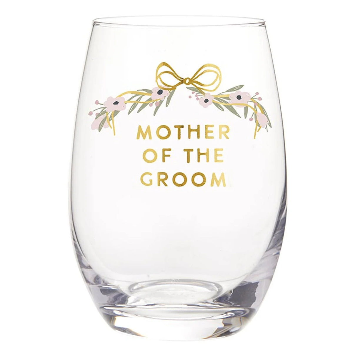 Stemless wine glass with floral design for the Mother of the Groom celebration