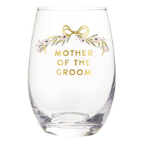 Stemless wine glass with floral design for the Mother of the Groom celebration