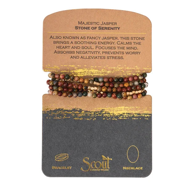 Stone Wrap Bracelet/Necklace featuring semi-precious stones on a black card with gold foil