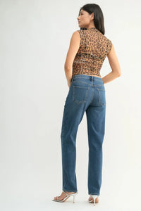 Straight-leg blue jeans with medium wash from Shop Daisy, ideal for women’s boho chic clothing