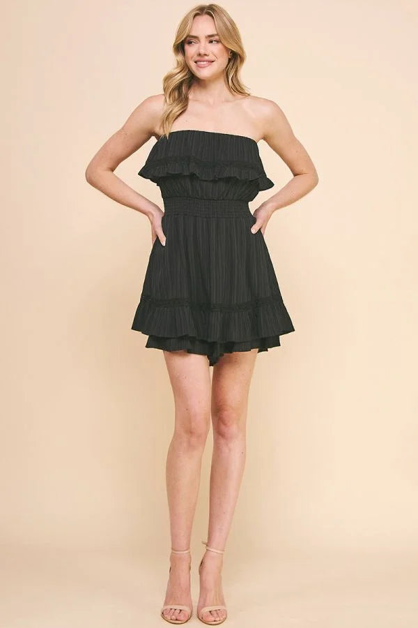 Bamboo Textured Strapless Ruffle Romper featuring a ruffled bodice and flared skirt