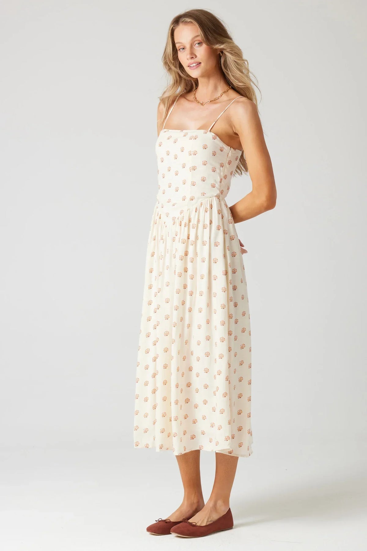 Strapless cream midi dress with floral print for a boho flowy style, HILLVIEW MIDI DRESS