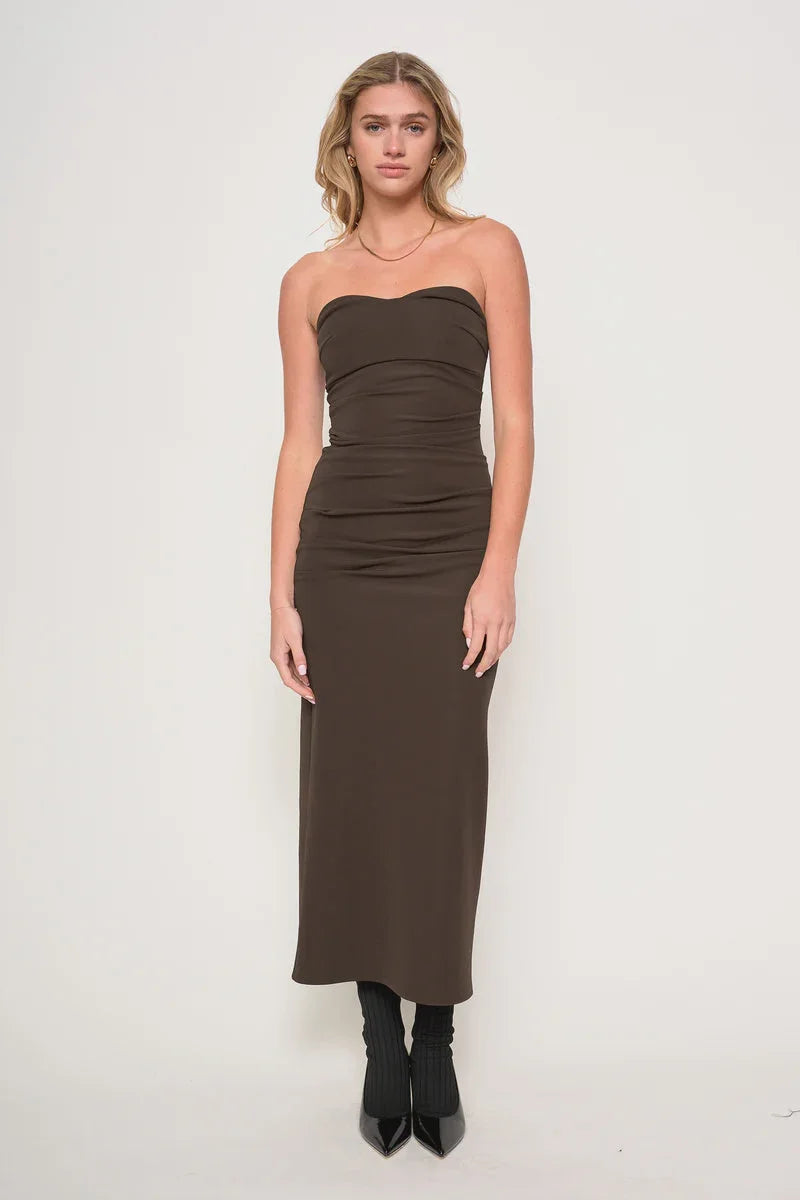 LAVENE STRAPLESS MAXI DRESS showcasing a dark brown ruched strapless maxi dress