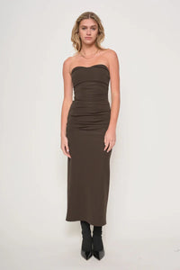LAVENE STRAPLESS MAXI DRESS showcasing a dark brown ruched strapless maxi dress