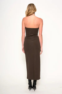 Lavene Strapless Maxi Dress in dark olive green with fitted bodice and ankle-length skirt