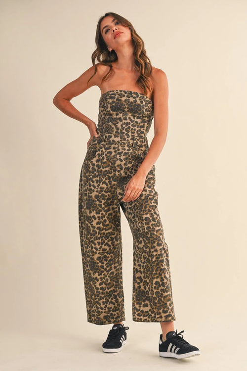 Strapless barrel jumpsuit with leopard print, wide-leg cropped pants, and sneakers