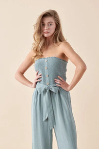 Light blue Soft Linen Smocked Tube Jumpsuit with bow at the waist for elegant style