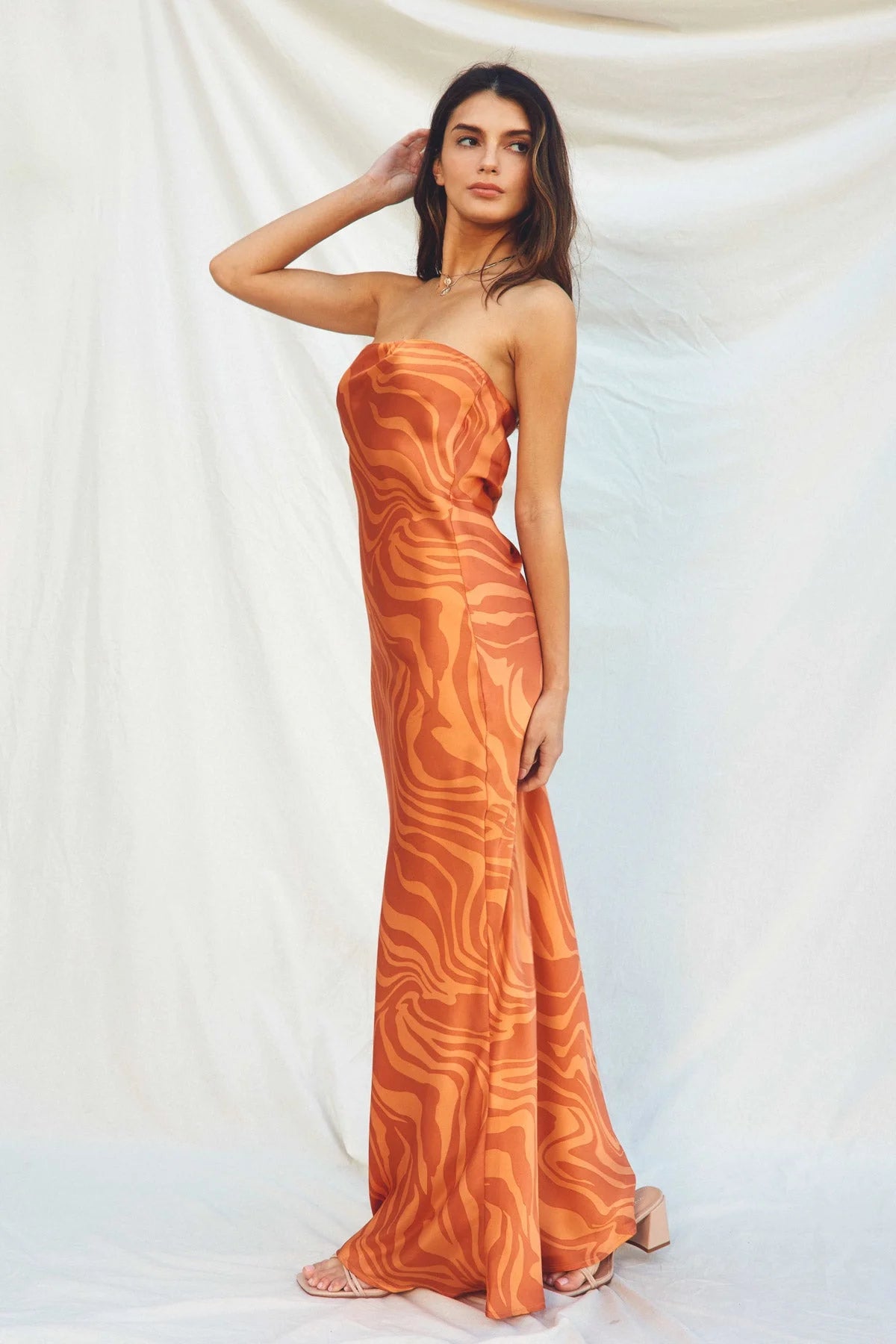 Strapless orange maxi dress with textured flowing design, WILDER DAYS boho style